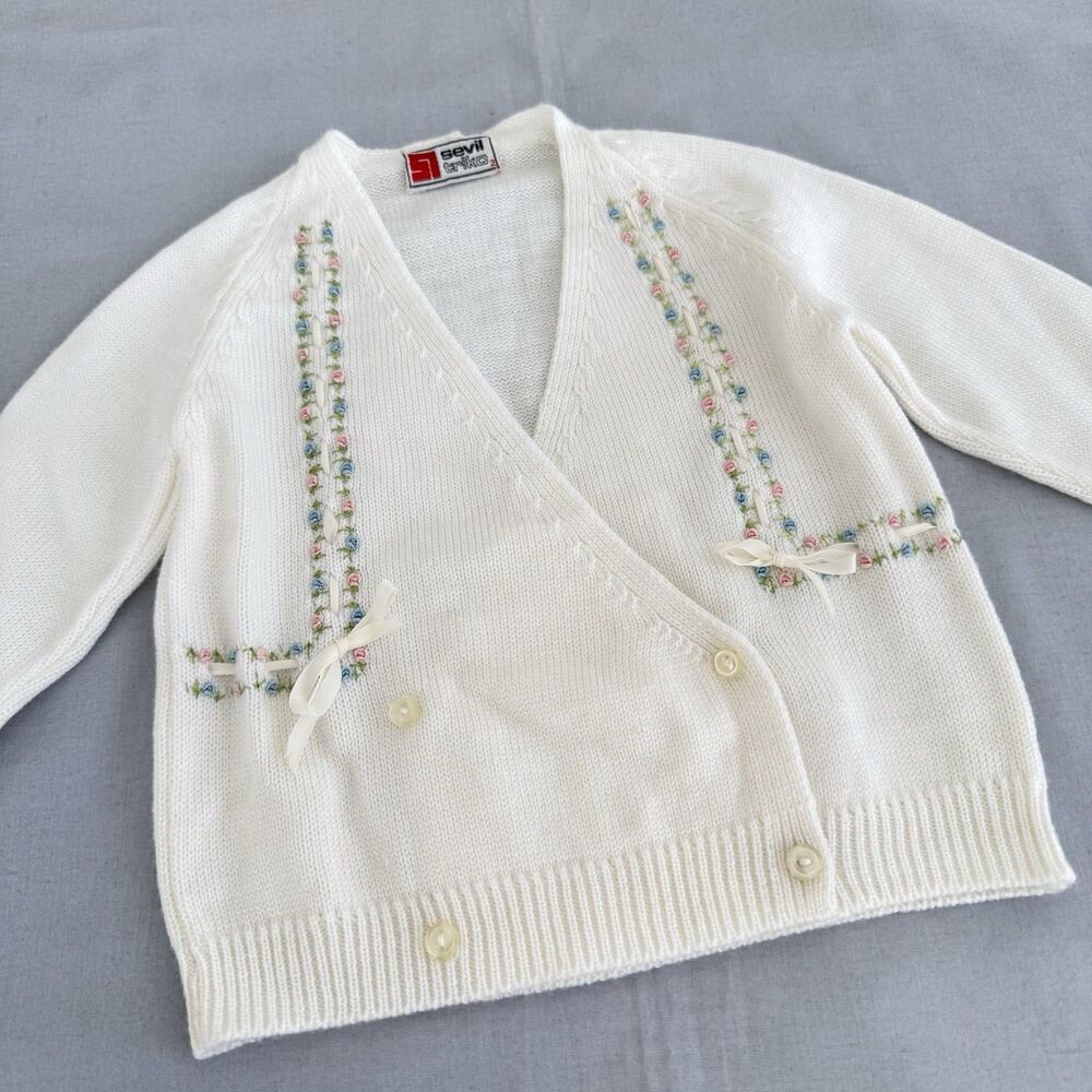 Vintage Sevil Triko Girls 2T Cardigan Double Breasted Sweater Embroidery Flowers - Picture 2 of 14